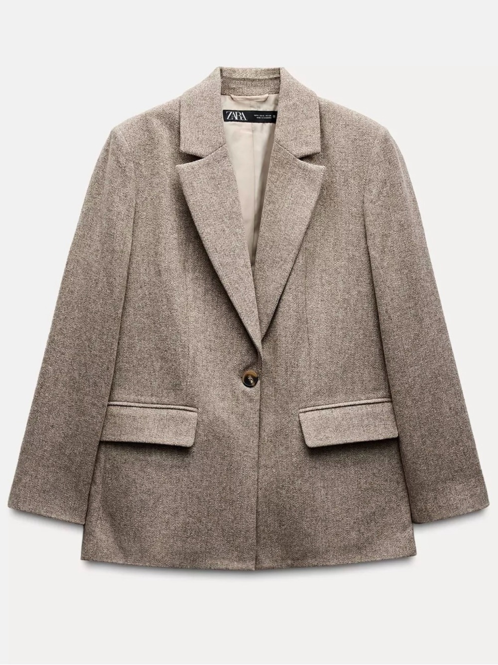Zara Neutral Taupe Single-Button Herringbone Blazer